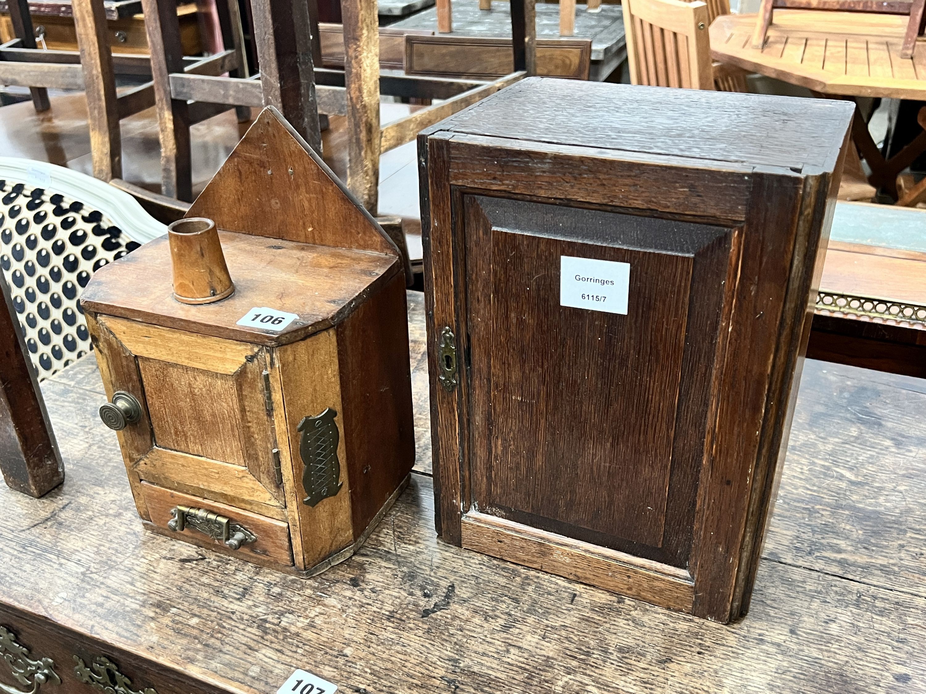 A Victorian oak stationery box, height 30cm, together with one other